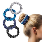 Zenssia Silk Scrunchies for Hair, 4PC Pure Mulberry Silk Hair Ties No Damage, Skinny Elastic Scrunchies for Fine & Thin Hair, Black Navy Royal Blue Silvergrey