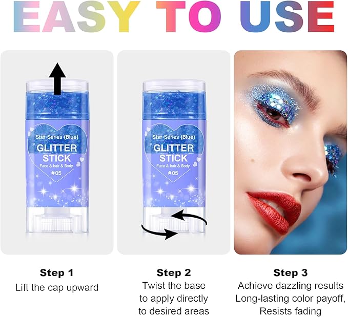 Blue Body Glitter Stick, Halloween Face Glitter Makeup,Holographic Hair Glitters Mermaid Makeup Rave Outfits for Women, Shimmer Face Paint Stick for Christmas (Blue)