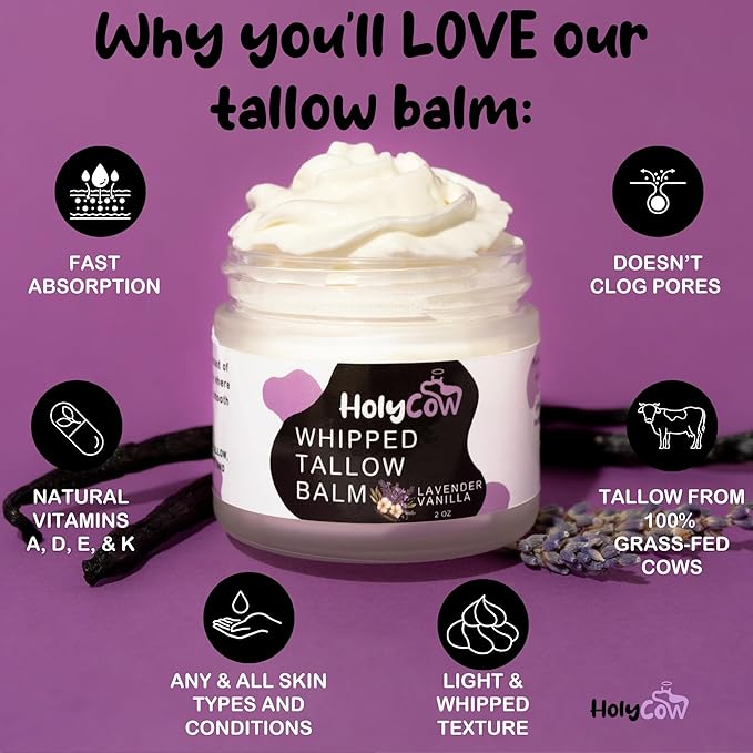 HolyCow Beef Tallow For Skin - Whipped Tallow Balm with Organic Jojoba Oil, Grass Fed Beef Tallow Face Moisturizer for Eczema, Baby, Lip Balm - Lotion For Extremely Dry Skin (Lavender Vanilla)