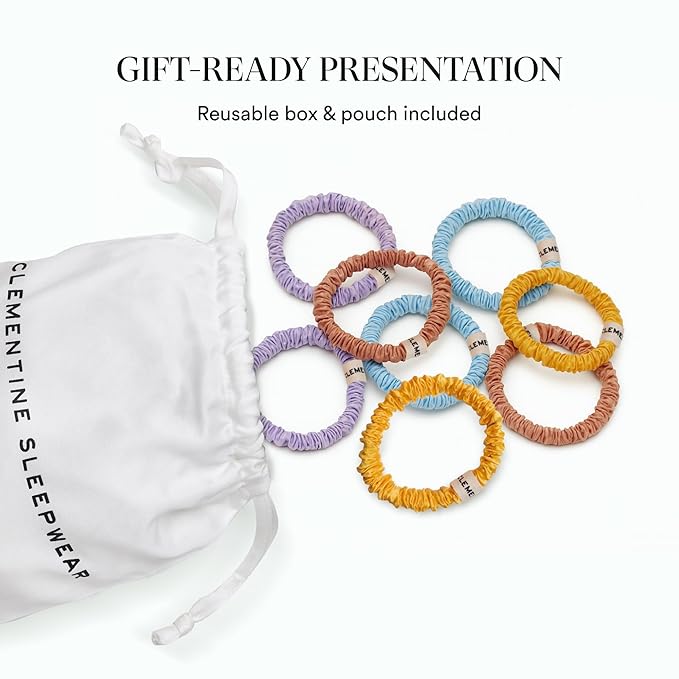 Clementine Sleepwear Essentials Organic Silk Scrunchie Set Flower Shop | 8 Skinny Scrunchies Made with GOTS Certified Silk for Frizz-Free Styling and Gentle Hair Care