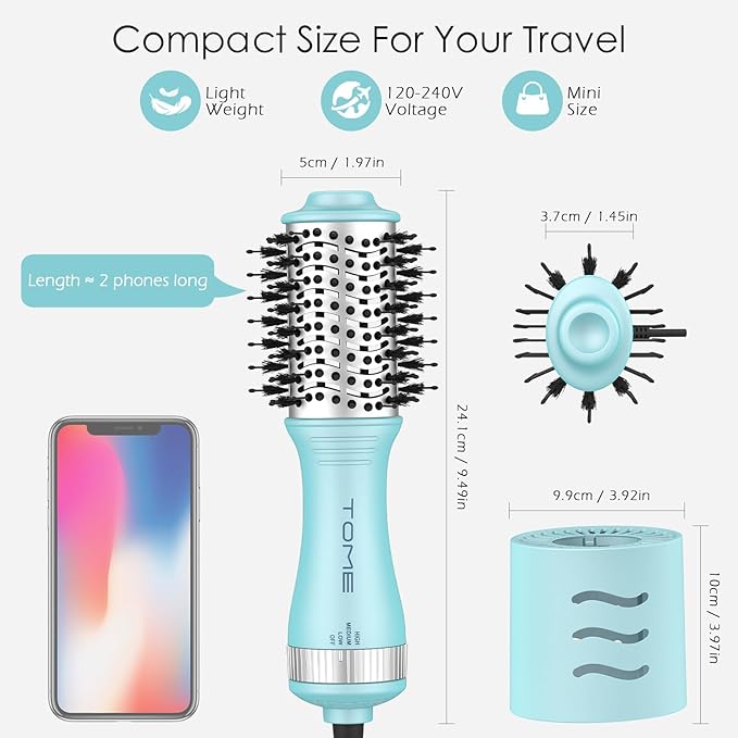 Blow Dryer Brush, Hair Dryer Brush in One, 600W Oval Hot Air Volumizer & Straightener, Anti-Frizz Blowout Styling Brush, Dual Voltage 110–240V Travel (2 Inch) Blue