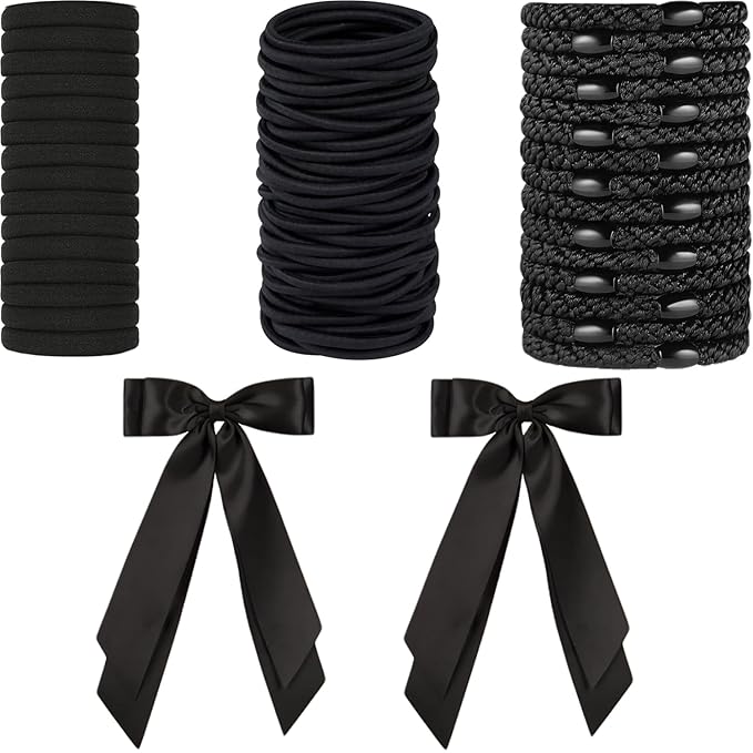 Hair Ties for women 5 styles Hair Elastics(15 No Damage Hair Ties 50 High Elastic Ties 15 Ponytail Holders 2 Bow Hair Clips 20 Snap Hair Clips) Pain-free No Crease multiple colors for all hair types