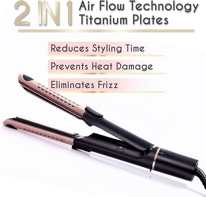 ELLA BELLA® Hair Straightener and Air Curler 2 in 1 • Titanium Flat Iron Curling Iron in One • Cooling Air Vents to Effortlessly Lock in Style • Multiple Looks, Professional Salon Results