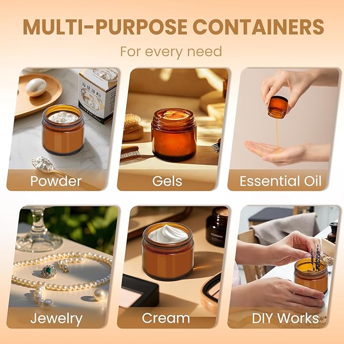 2oz Amber Glass Jars with Lids - 40 Pack Brown Small Cosmetic Containers with Inner Liners, Wide-Round Smooth Mouth, Sealable for Creams, Lotions, Essential Oils, Body Butter, Travel Samples
