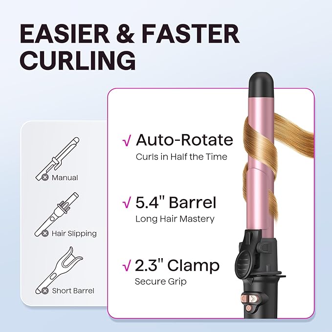 Wavytalk Rotating Curling Iron, Curl Cycle, 1 Inch Automatic Curling Wand for Long Hair, Get Effortless Curls with Self Spinning Barrel up to 430°F with Home Button, Dual Voltage, Rose Gold