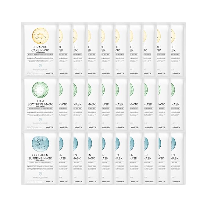 #OOTD Hydrating Soothing Sheet Masks Gift Set for Skincare, Korean Vegan Sheet Mask for Dry, Sensitive Skin, Calming, Smoothing, Brightening, Collagen, Ceramide, Cica, Hyaluronic Acid 30EA