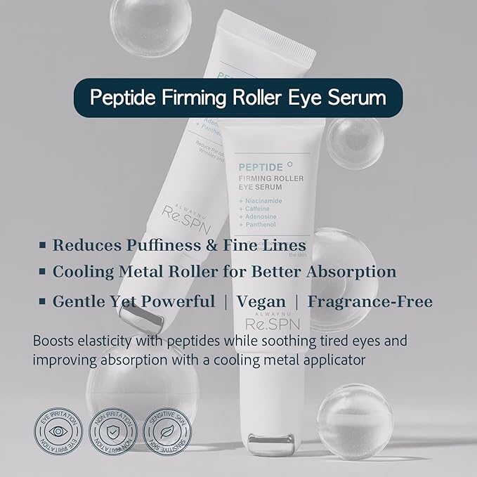 Re.SPN Peptide Firming Roller Eye Serum – For Puffy Eyes, Wrinkles & Dark Circles, Cooling Gua Sha Metal Applicator with Niacinamide, Vegan K-Beauty (0.67 fl oz)