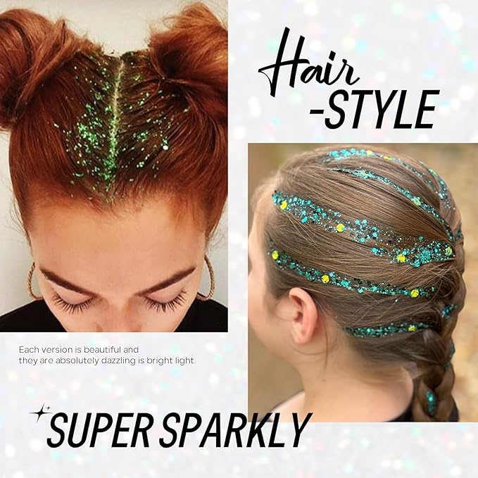 Green Face and Body Hair Glitter Gel, St Patricks Day Shamrock Face Paint Holographic Chunky Festival Rave Accessories Glitter Makeup, 6 Kinds of Sparkling Sequins for Hair Nail Eye Lip Body