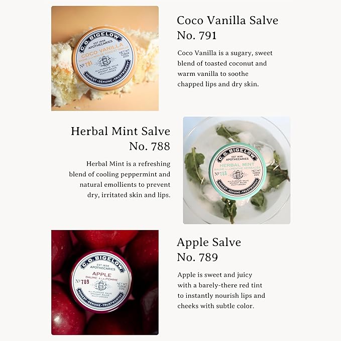 C.O. Bigelow Assorted Salve Tins, Pack of 3 Lip Balm Tins, Coco Vanilla, Apple, and Herbal Mint All Purpose Salve for Lips, Cuticles, Hands & Dry Skin, Lip Balm Set, 0.8 oz