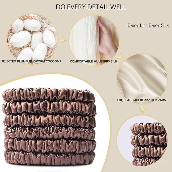 Suncdelv Silk,100% Silk Scrunchies for Hair,22 Momme Hair Ties for Anti-Crease & Breakage,Natural Women Hair Accessories，Fashion Hairbands 6PCS（Coffee）