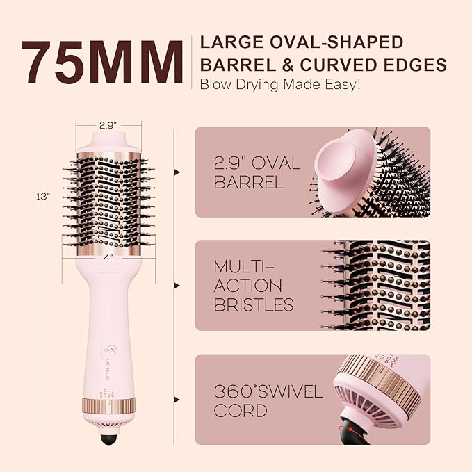 Big Size 1200W Dual Voltage Hot Air Brush Dryer, 110-240V 4 in 1 Ionic Blowout Hair Dryer Brush & Styler Volumizer with 75MM Oval Titanium Barrel for Long & Thick Hair