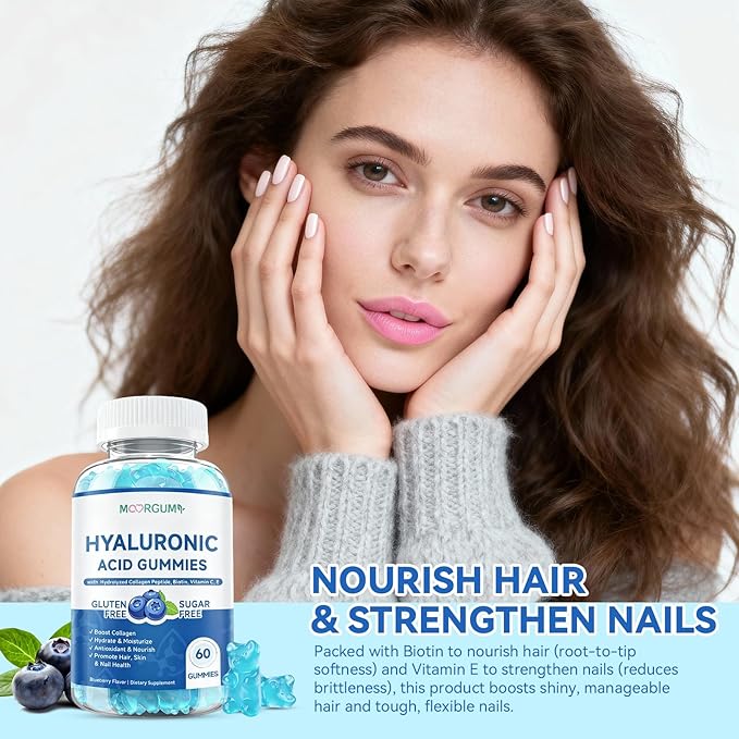 1000mg Hyaluronic Acid & Collagen Peptide Supplements with Biotin, Vitamins C & E - Hair Skin Nails Joints Health Support for Men & Women, Hair Growth, Blueberry Flavor, Gluten-Free 120 Gummies