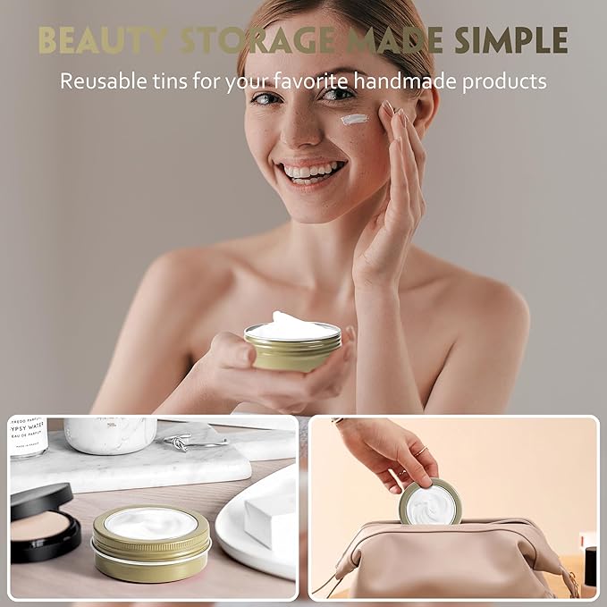 24 Pack 2 Ounce Screw Top Aluminum Tin Jar with Screw Clear Lid and Blank Labels, Refillable 60ml Metal Containers for Lip Balms, Candles, Salves, Spices, Crafts (Champagne)