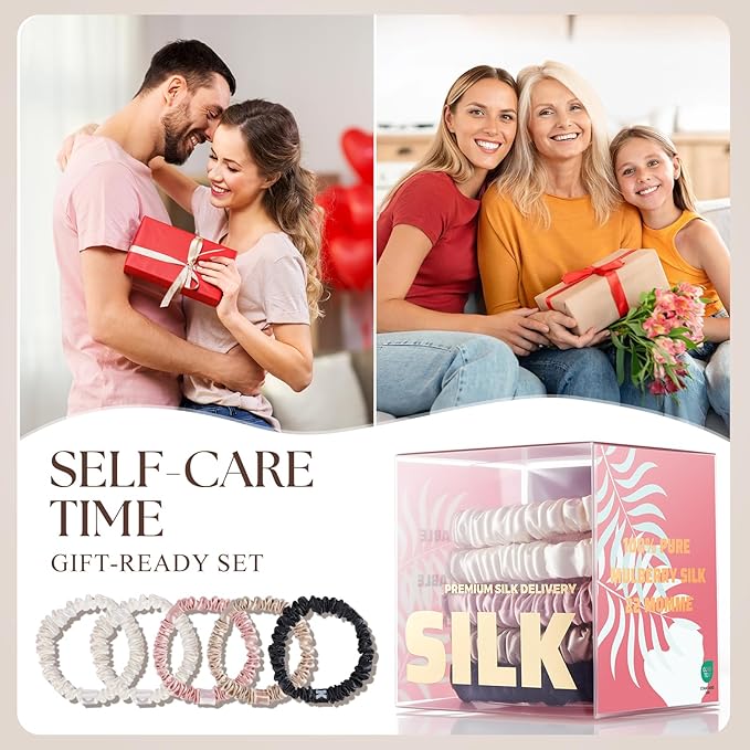 5 Pack Mulberry Silk Scrunchies for Women–22 Momme 6A Grade Hair Ties, Anti-Frizz & Anti-Breakage, Gentle & Safe for All Hair Types, Daily Styling&Overnight Care