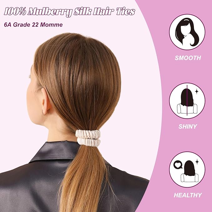 4Pcs Mulberry Silk Scrunchies & Hair Ties - No Crease Skinny Scrunchies Elastic Set for Women All Hair Types, Reduces Breakage (Coastal Tones)