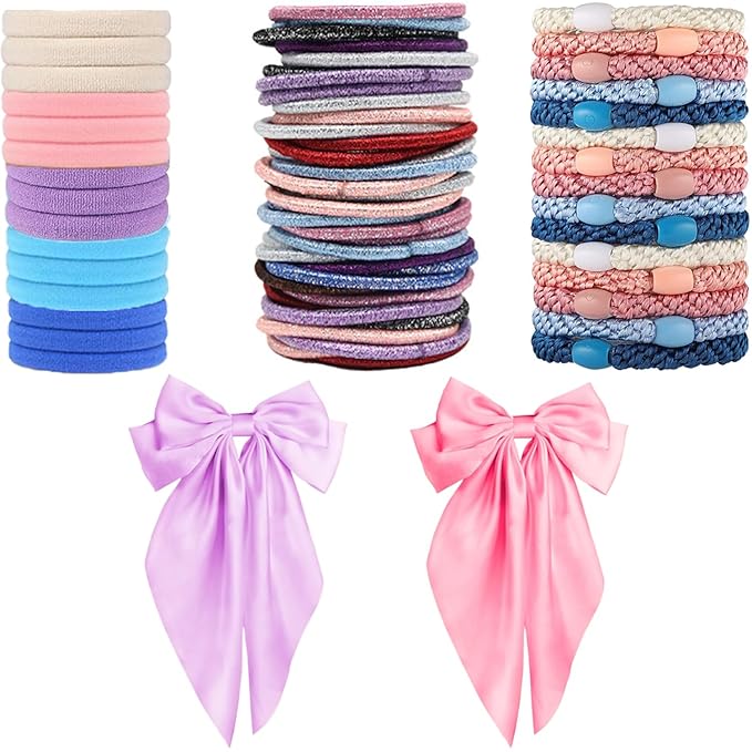 Hair Ties for women 5 styles Hair Elastics(15 No Damage Hair Ties 50 High Elastic Ties 15 Ponytail Holders 2 Big Bow Hair Clips 20Snap Hair Clips)Pain-free No Crease multiple colors for all hair types