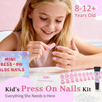 16 Sizes Press on Nails Kit for Kids - 32 Pieces French Almond Fake Nail Tips for Girls 8-12 Years Old with Jelly Nail Adhesives & No-Lamp Nail Glue, Birthday Christmas Gifts (Pink Ice Cream)