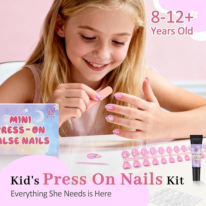 16 Sizes Press on Nails Kit for Kids - 32 Pieces French Almond Fake Nail Tips for Girls 8-12 Years Old with Jelly Nail Adhesives & No-Lamp Nail Glue, Birthday Christmas Gifts (Pink Ice Cream)