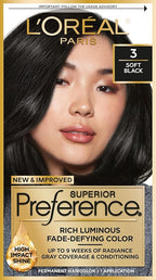 L'Oréal Paris Superior Preference Luminous Fade-Defying Permanent Hair Color, Hair Dye For Up to 9 Weeks of Radiance, Soft Black 3, 1 Hair Dye Kit
