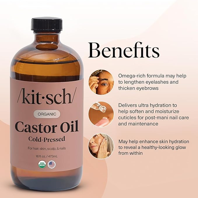 Kitsch Organic Castor Oil for Hair Growth - 100% Pure Castor Oil, Organic Cold Pressed Unrefined Glass Bottle for Face, Skin, Lashes, Brows, Scalp, Nails & Belly Button | Ideal Gifts for Women- 16 oz