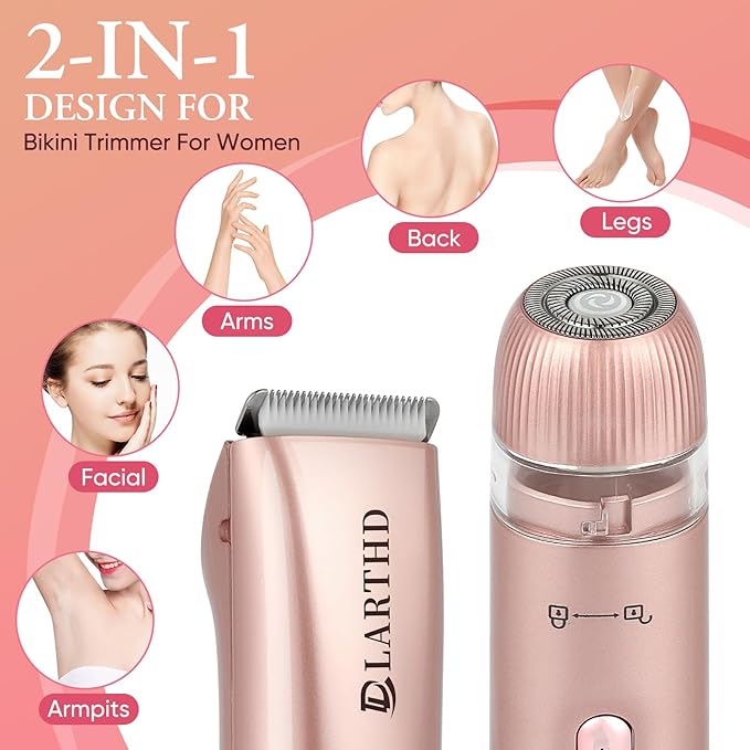 2 in 1 Women Electric Shaver Dual Head Bikini Trimmer for Women IPX7 Waterproof Wet & Dry Use Body Hair Trimmer and Facial Hair Remover for Bikini Underarm Leg Arm Body Face