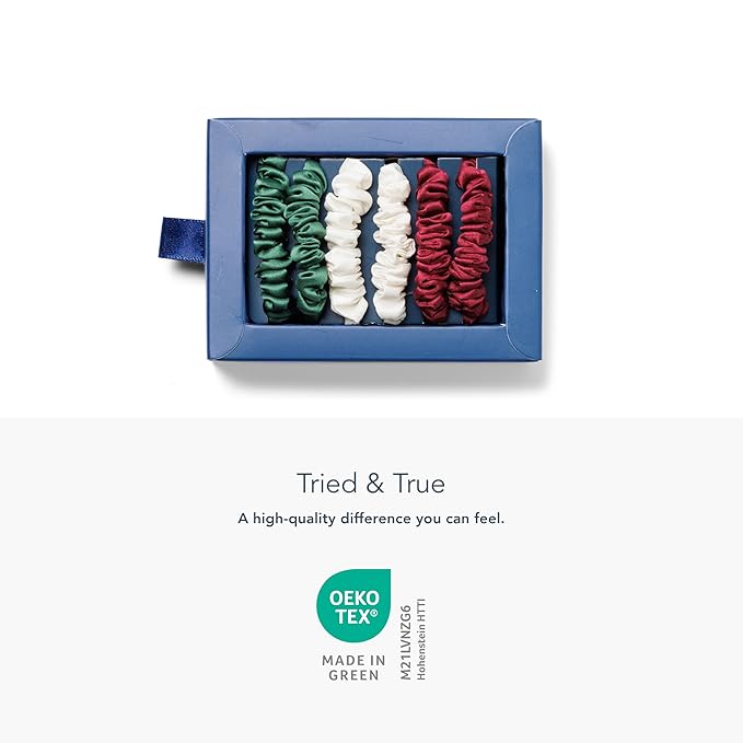 Fishers Finery 25 Momme Pure Mulberry Silk Skinny Scrunchies | Hair Tie Set for Thin Hair (Red|Green|White - 6 Pk)