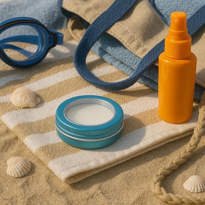 24 Pack 2 Ounce Screw Top Aluminum Tin Jar with Screw Clear Lid and Blank Labels, Refillable 60ml Metal Containers for Lip Balms, Candles, Salves, Spices, Crafts (Lake Blue)