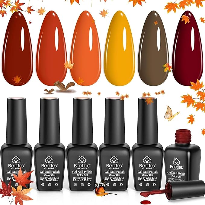 Beetles Fall Gel Nail Polish Set - 6 Colors Burgundy Red Orange Yellow Brown Gel Polish Kit for Nails, Autumn Leaves Soak Off UV LED Nail Gel Manicure at Home Gifts for Women