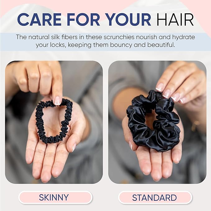 Blissy Silk Scrunchies (3 Pack) - 100% Pure Mulberry Silk - 22 Momme 6A High-Grade Fibers Scrunchie for Straight & Curly Hair - Preventing Breakage, Tangling, & Creasing (Black Skinny)