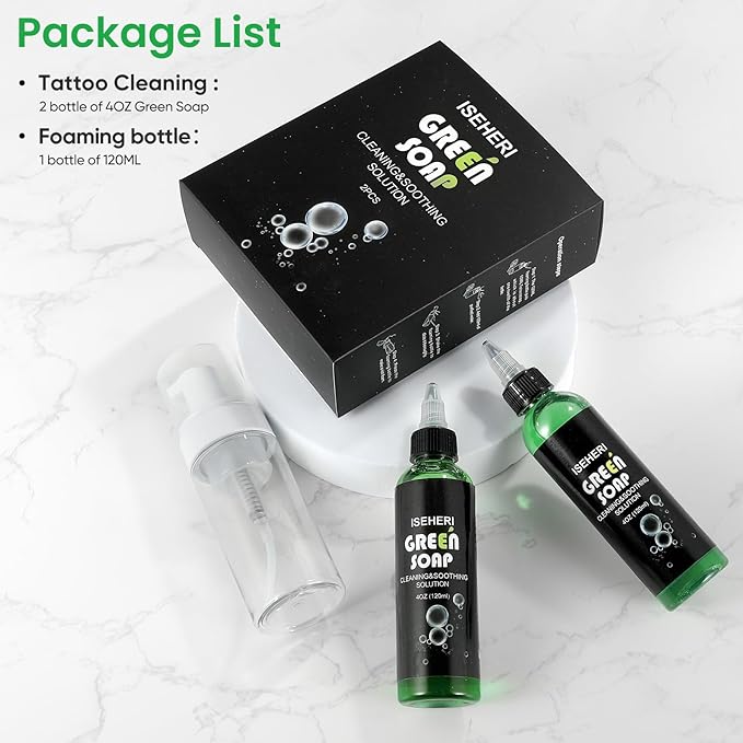 2PCS Ultra Concentrated Green Soap Tattoo 4OZ with Foaming Bottle 120ml, Tattoo Supplies for Tattoos Piercings, Clean Skin Equipment