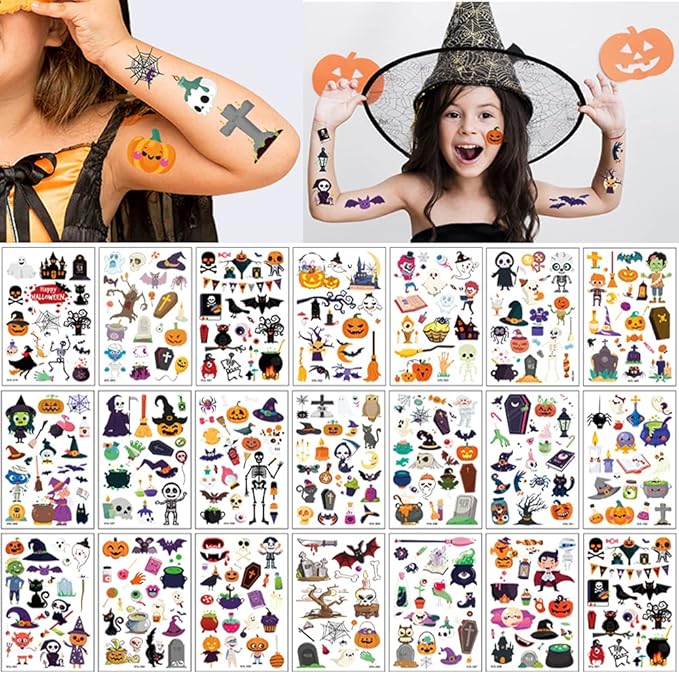 360PCS Halloween Temporary Tattoos for Kids, Halloween Face Fake Tattoo Body Stickers Decorations, Face Makeup Assorted Prizes Goody Bag Stuffers Party Favors Supplies Decor Pumpkin Witch Skull Adult