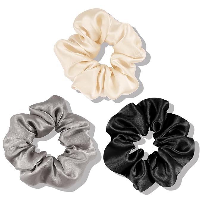 OLESILK 100% Mulberry Silk-Scrunchies for Hair Sleep, Women Grils Silk Hair Ties for Frizz & Breakage Curly Hair, No Damage, Elastics Ponytail Holder, 3 Pack