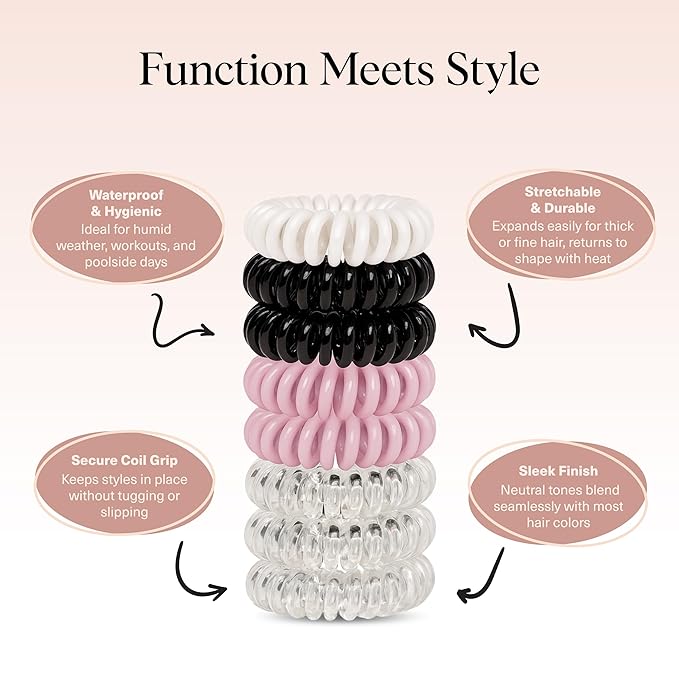 Kitsch Spiral Hair Ties for Women - Creaseless and Dent-free Coil Hair Ties | No Damage, Phone Cord Coils | Made of Flexible and Durable Plastic | Ideal for Daily Use - 8pcs Basics