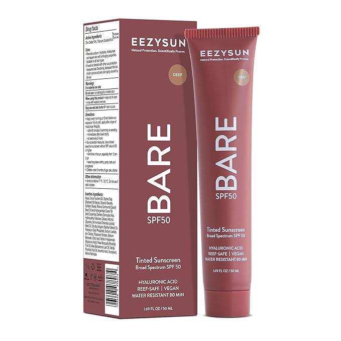 BARE Tinted Sunscreen SPF 50 – Non-Greasy, Water-Resistant, Vegan & Reef-Safe with Hyaluronic Acid & Jojoba Oil – 1.69 fl oz – Deep