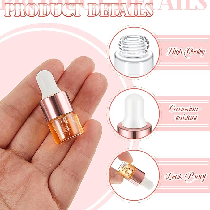 200 Pcs Mini Glass Oil Dropper Bottle Bulk, Clear Essential Small Empty Bottles Sample Containers Perfume Liquid Vials with Cap for Traveling (1 ml,Rose Gold)