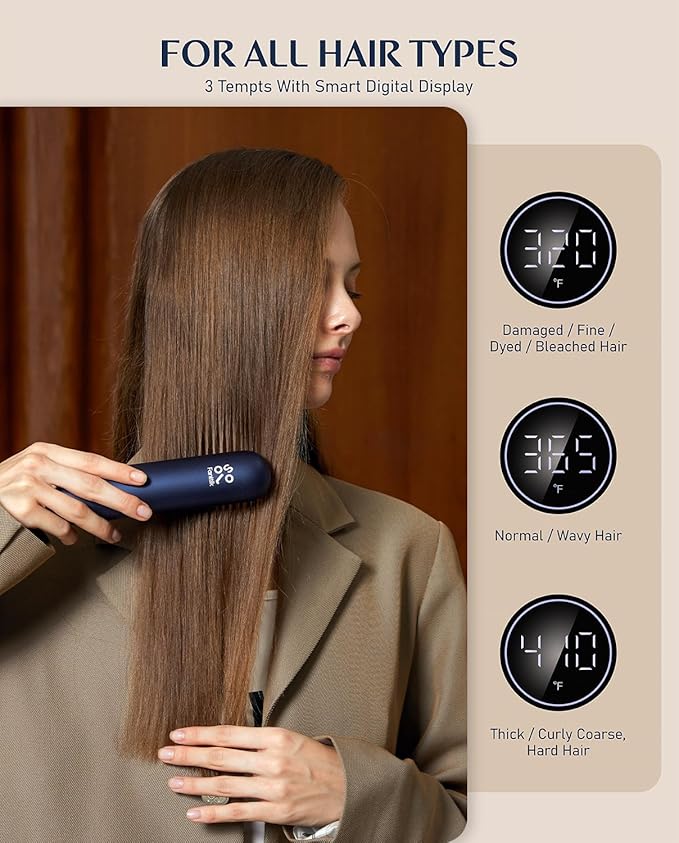 Fanttik Solo I10 APEX Portable Hair Straightener Brush, Cordless Straightening Comb with 113% Larger Heating Area, LED Display & Ceramic Coating, Ionic Technology & Safe Mode - Midnight