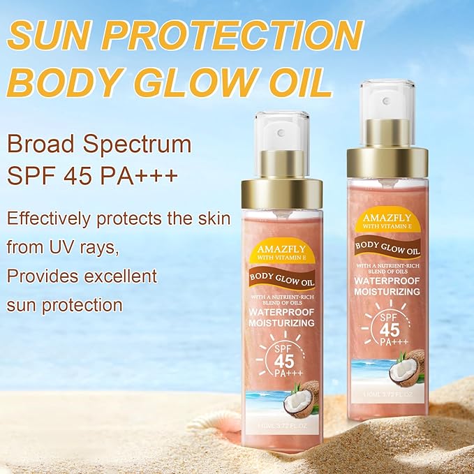 Body Glow Oil, SPF 45 PA+++, Sunscreen Body Oil with Rose Gold Mica, Moisturizing Coconut with Vitamin E, Glow Moisturizer, Lightweight, Water Resistant, 3.72 fl oz,ROSE