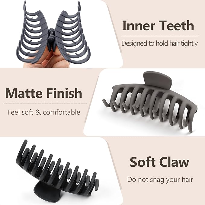 TOCESS 8 Pack Big Hair Claw Clips for Women Large Claw Clip for Thin Thick Curly Hair 90's Strong Hold 4.33 Inch Nonslip Neutral Matte Hair Clips