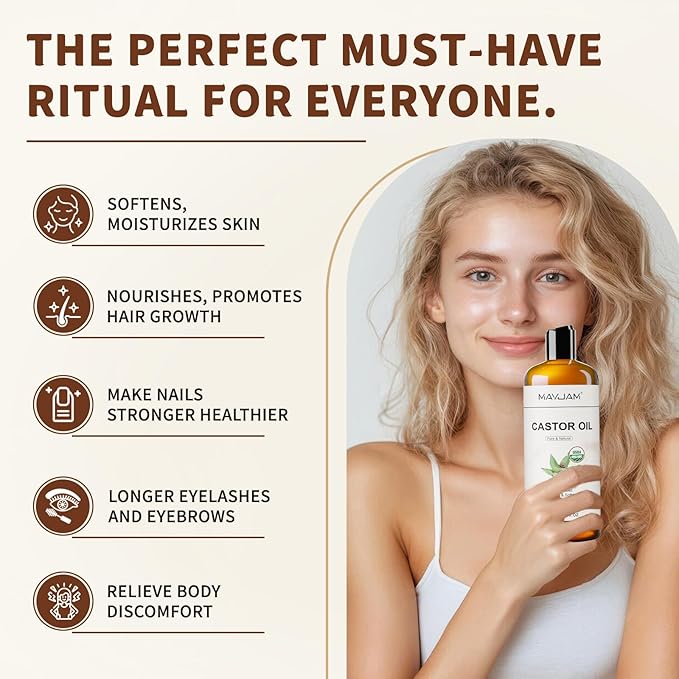 MAYJAM Organic Castor Oil 16 oz, 100% Pure Cold Pressed Castor Oils for Hair Growth, Eyebrows, Eyelash, USDA Certified Caster Carrier Oil for Body, Skin & Face Moisturizer
