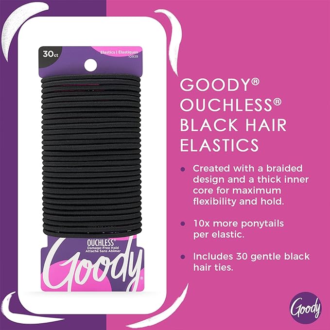 Goody Ouchless Hair Elastics, 30 Count Black, No Pull, No Breakage, Tangle-Free Hair Ties for Thick, Curly & Textured Hair, Long-Lasting Ponytail Holders, Great Stocking Stuffer & Gift for Women & Men
