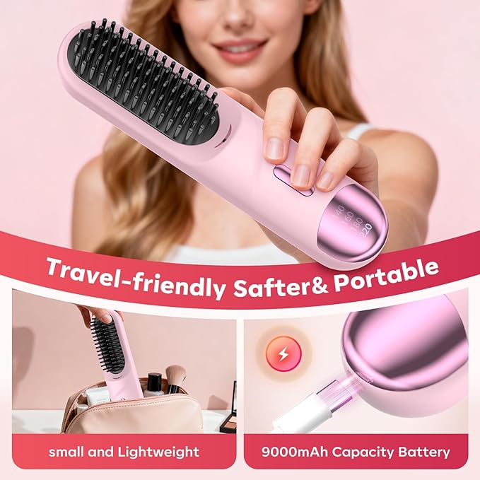 Go Brush Pro 2026 Hair Straightener Brush 300 Million Negative Ionic Portable Hair Straightener Comb for Women with 4 Temps Fast Heating MCH Ceramic Coating Smooth Frizz Hair Light Pink