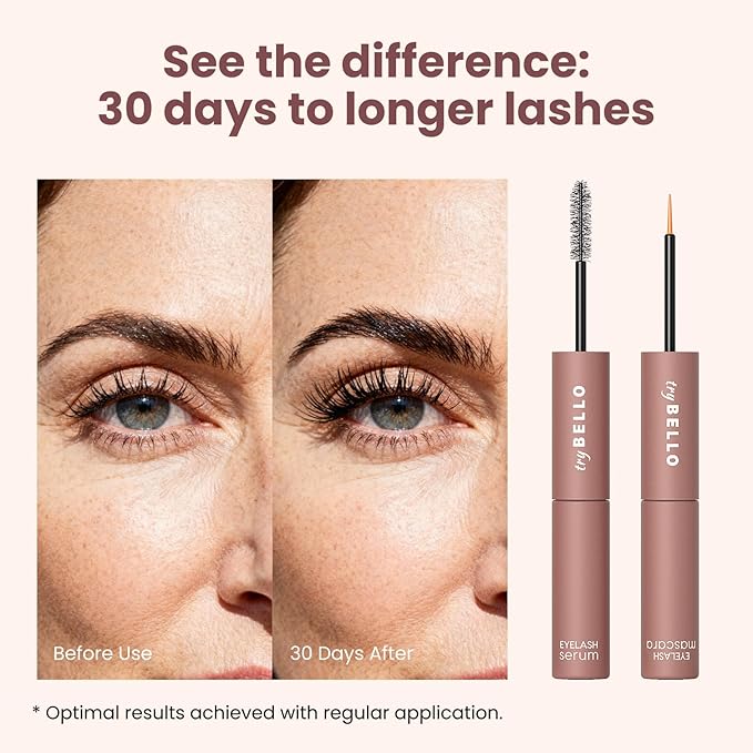 Trybello 2-in-1 Eyelash Growth Serum + Mascara Dual Wand | Natural Lash Growth Booster with Biotin, Peptides & Botanical Extracts | Volumizing, Thickening & Lengthening Formula for Fuller Eyelashes