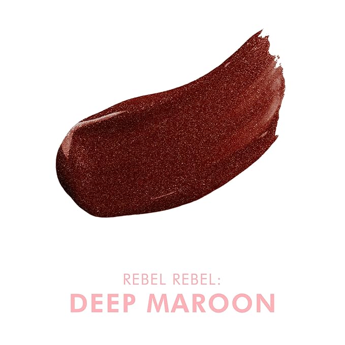 Beauty For Real Lip Gloss + Shine, Rebel Rebel - Deep Maroon Metallic - Non-Sticky Plumping & Hydrating Gloss - Light & Mirror In Cap - Contains Marine Collagen - 0.15 fl oz