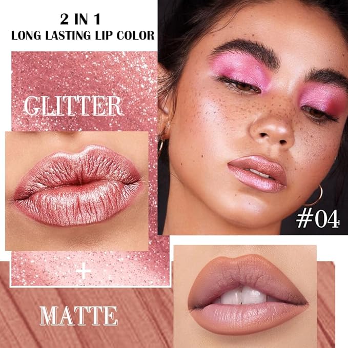 Kaely 2-in-1 Rose Gold Metallic Lipstick and Lip Liner, Shimmer Liquid Metallic Lipsticks for Women, Glitter Lip Gloss Stain Long Lasting Waterproof Smudge Proof 24 Hour, Vegan Makeup, 04