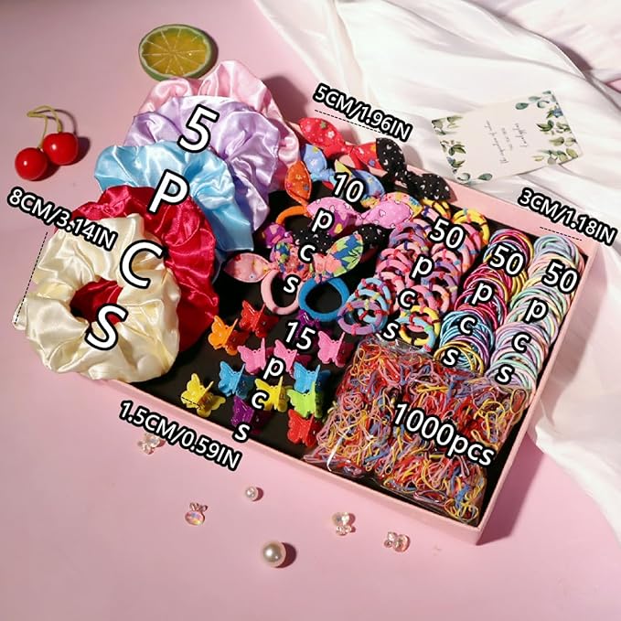 YANRONG Hair Accessories Set - 1189 PCS Candy Colors Nylon Hair Ties, Disposable Rubber Bands, Hair Bands, and Hair Clips for Women and Girls - Hair Accessories