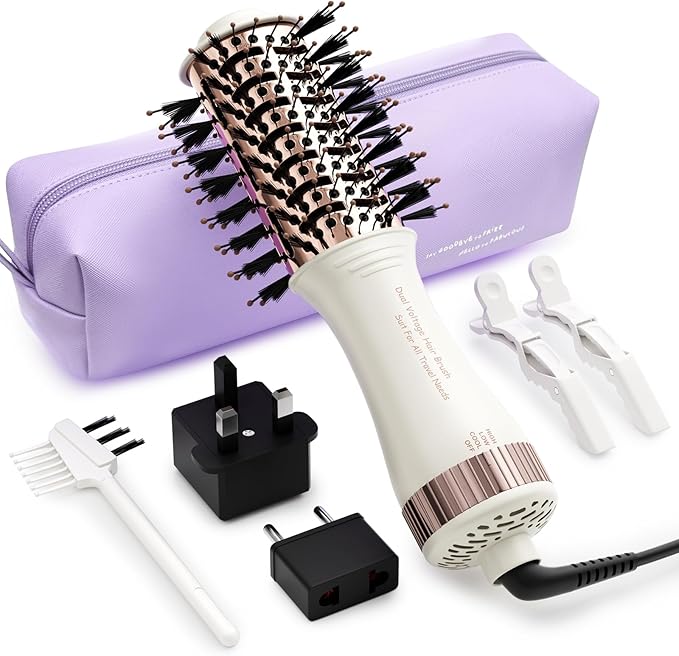 4-in-1 Travel Dual Voltage Hair Dryer Brush Blow Dryer Brush,Portable 2 inch Mini Hot Air Brush,Travel Hair Styler/Volumizer/Straightener/Curler,110-240V European Blow Dry Brush with EU&UK Plug
