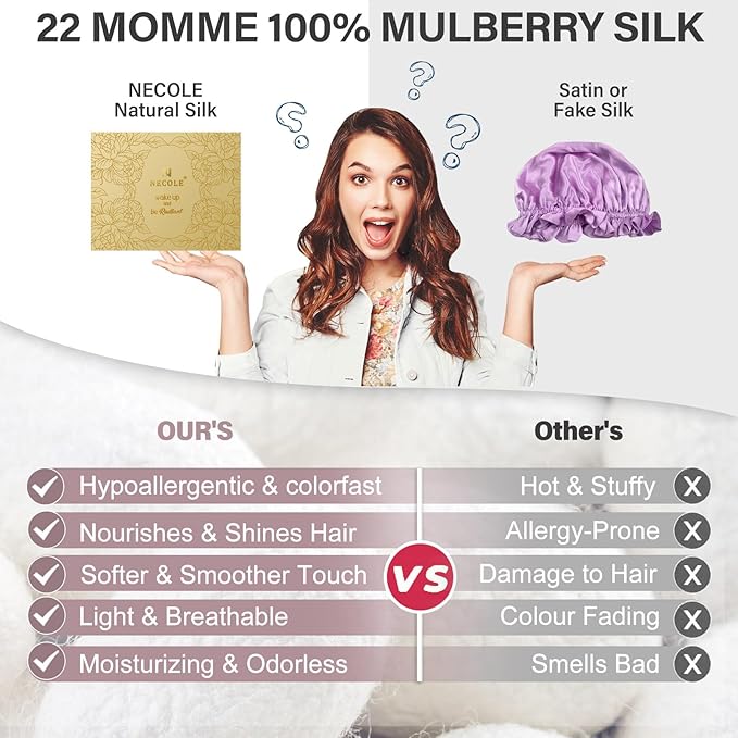 Silk Bonnet for Women 100% Mulberry Silk Sleep Cap 22 Momme Double Layer Hair Wrap for Curly Short Long Hair