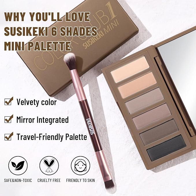 6 Colors Mini Eyeshadow Makeup Palette with Brush Neutral Nude Smoky Eye Shadow Taupe & Brown Matte Make Up Pallet with Mirror Highly Pigmented Long Lasting Waterproof Travel Size Gift Kit