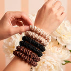 Satin Scrunchies, 6 Pack, Reduces Hair Breakage, Prevents Frizz, Smooth Texture (Black/Brown/Champagne)