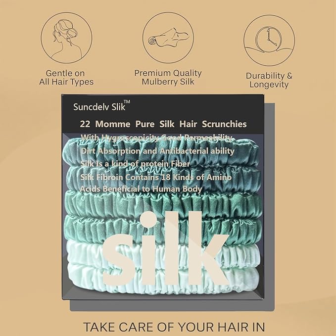 Suncdelv Silk,100% Silk Scrunchies for Hair,22 Momme Hair Ties for Anti-Crease & Breakage,Natural Women Hair Accessories，Fashion Hairbands 6PCS（Green Gradient）